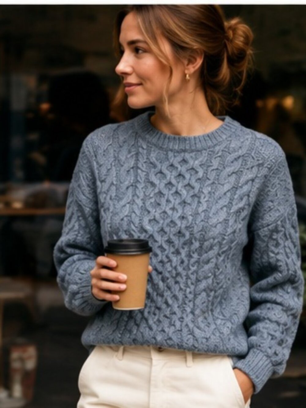 ALEX MILL Blue Madelyn Merino Wool Alpaca Cable Knit Fisherman Sweater, Size S
